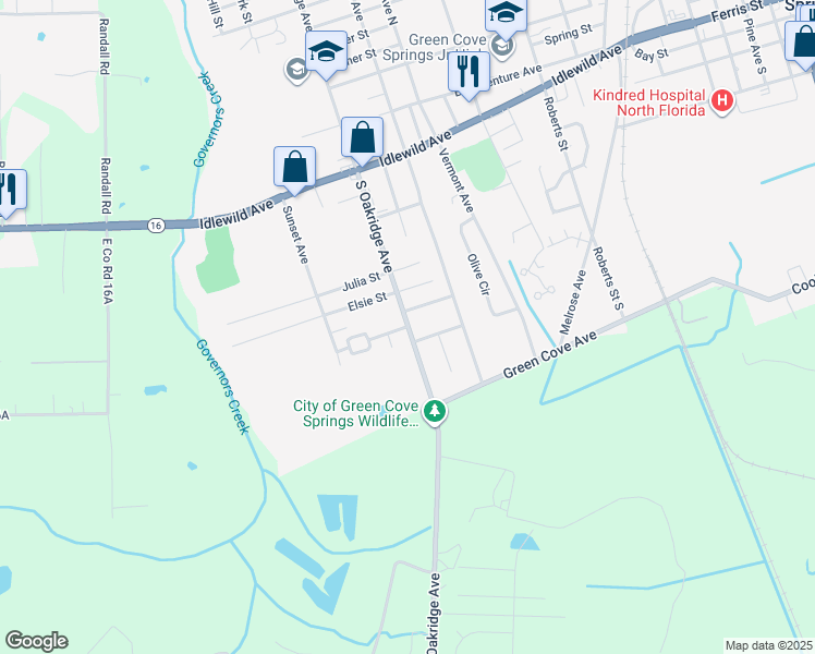 map of restaurants, bars, coffee shops, grocery stores, and more near 611 South Oakridge Avenue in Green Cove Springs
