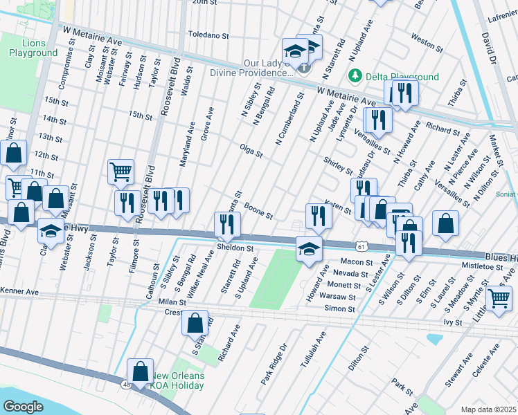 map of restaurants, bars, coffee shops, grocery stores, and more near 8501 Boone Street in Metairie