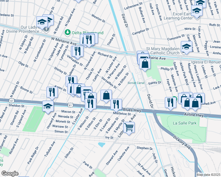 map of restaurants, bars, coffee shops, grocery stores, and more near 409 North Wilson Street in Metairie