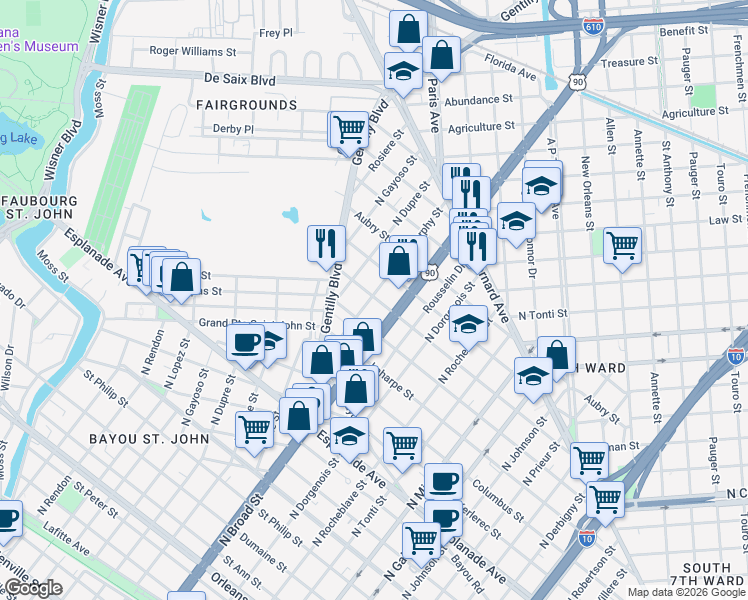 map of restaurants, bars, coffee shops, grocery stores, and more near 1640 Paul Morphy Street in New Orleans