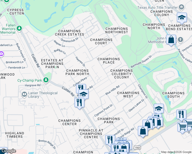 map of restaurants, bars, coffee shops, grocery stores, and more near 6700 Richardson Road in Houston