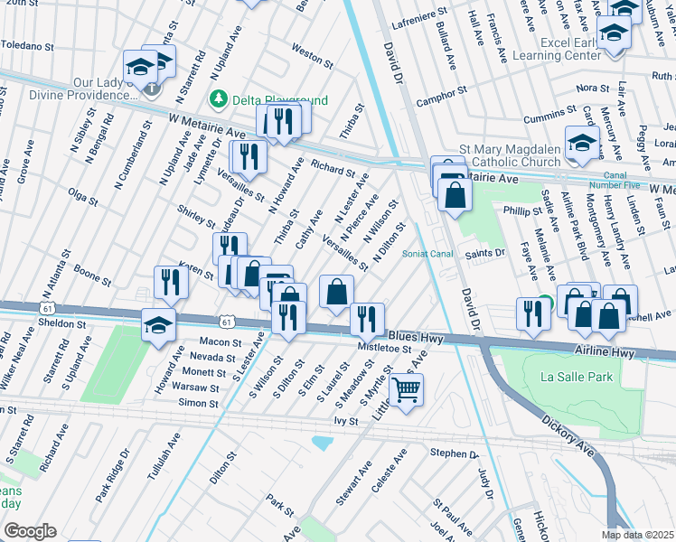 map of restaurants, bars, coffee shops, grocery stores, and more near 402 North Wilson Street in Metairie