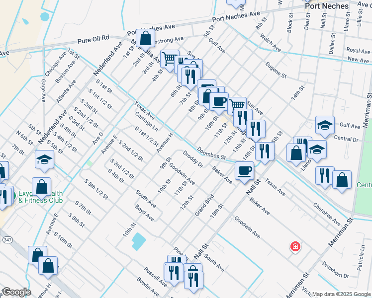 map of restaurants, bars, coffee shops, grocery stores, and more near 1402 Droddy Drive in Port Neches
