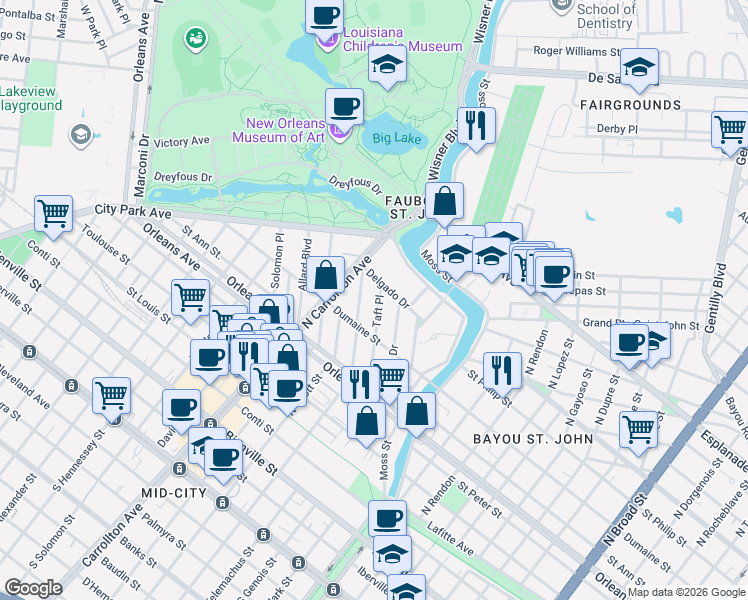 map of restaurants, bars, coffee shops, grocery stores, and more near 960 Taft Place in New Orleans