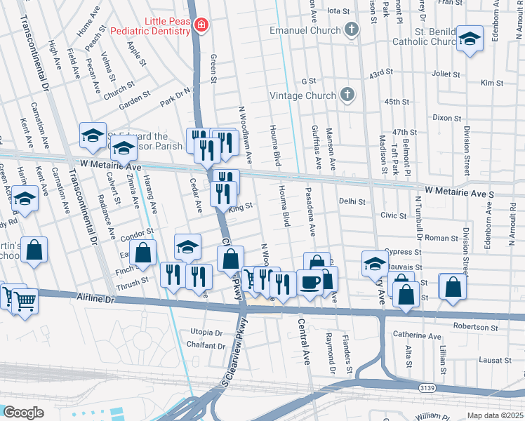 map of restaurants, bars, coffee shops, grocery stores, and more near 705 North Woodlawn Avenue in Metairie