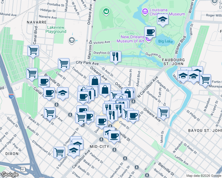 map of restaurants, bars, coffee shops, grocery stores, and more near 636 North Hennessey Street in New Orleans