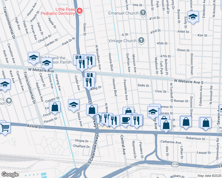 map of restaurants, bars, coffee shops, grocery stores, and more near 70 Houma Boulevard in Metairie