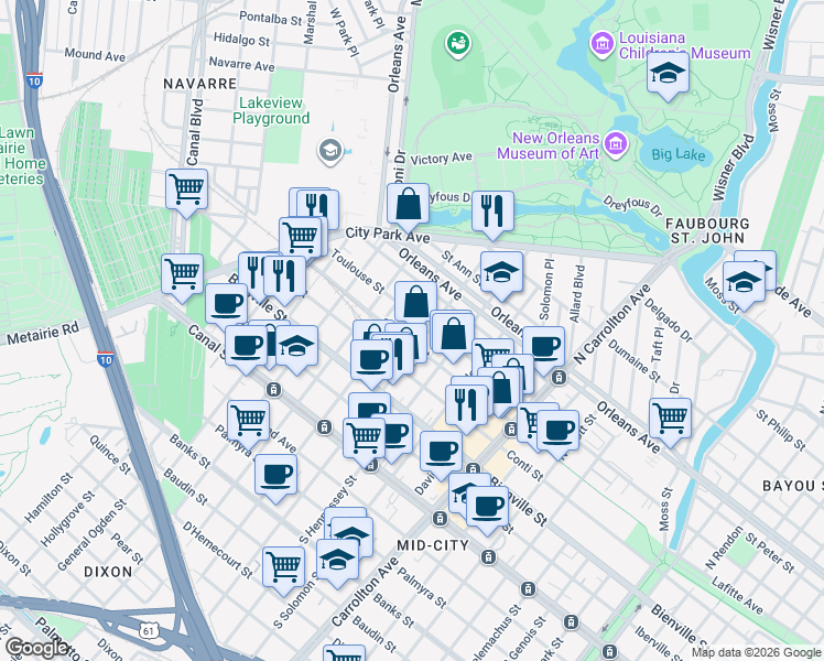 map of restaurants, bars, coffee shops, grocery stores, and more near 523 North Alexander Street in New Orleans