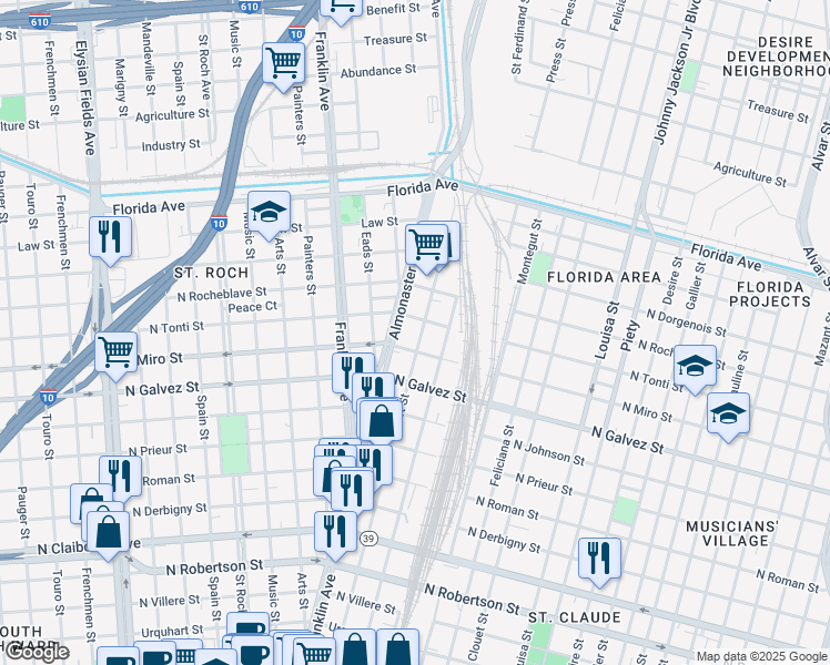 map of restaurants, bars, coffee shops, grocery stores, and more near 2213 Almonaster Avenue in New Orleans