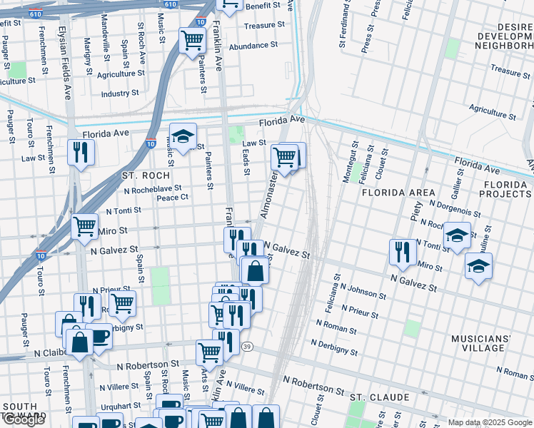 map of restaurants, bars, coffee shops, grocery stores, and more near 2213 Almonaster Avenue in New Orleans