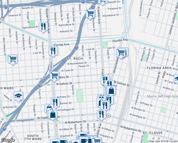 map of restaurants, bars, coffee shops, grocery stores, and more near 2222 Arts Street in New Orleans