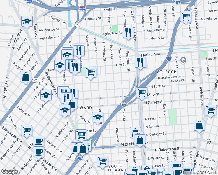map of restaurants, bars, coffee shops, grocery stores, and more near 2075 North Tonti Street in New Orleans