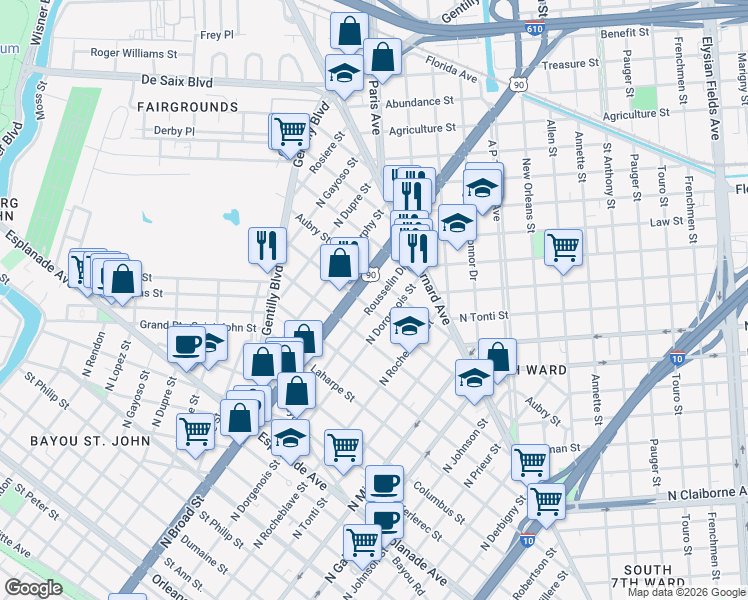 map of restaurants, bars, coffee shops, grocery stores, and more near 2540 D'Abadie Street in New Orleans