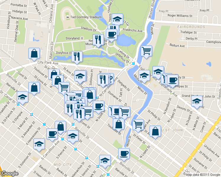 map of restaurants, bars, coffee shops, grocery stores, and more near 931 Picheloup Place in New Orleans