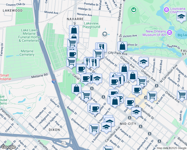 map of restaurants, bars, coffee shops, grocery stores, and more near 218 North Bernadotte Street in New Orleans