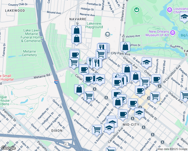 map of restaurants, bars, coffee shops, grocery stores, and more near 218 North Bernadotte Street in New Orleans