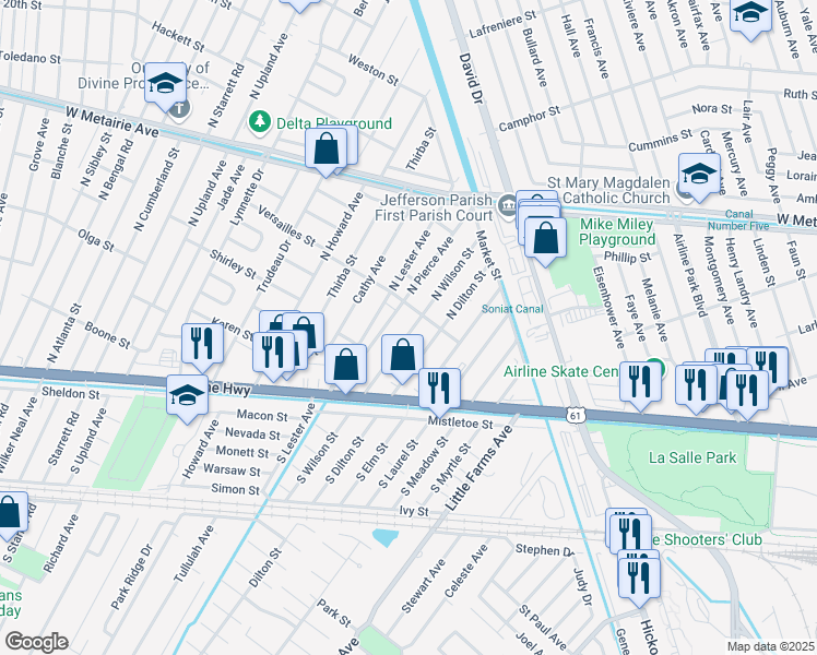 map of restaurants, bars, coffee shops, grocery stores, and more near 402 North Wilson Street in Metairie