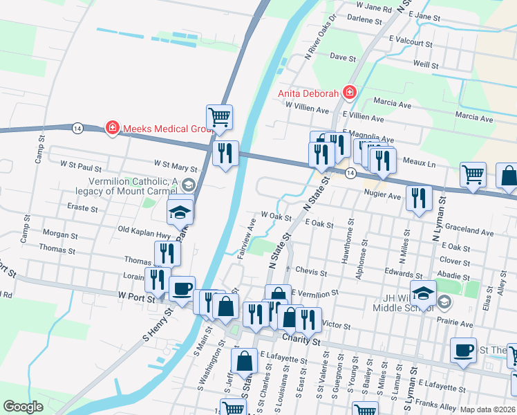 map of restaurants, bars, coffee shops, grocery stores, and more near 300-398 West Oak Street in Abbeville