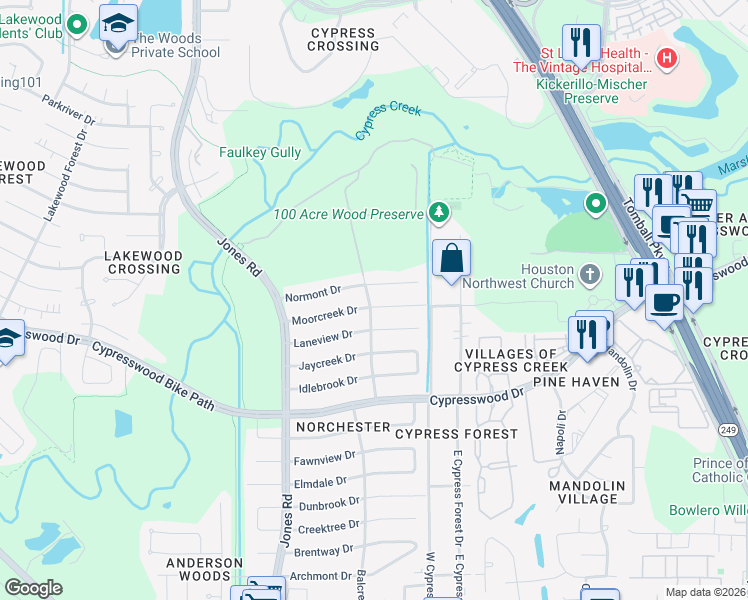 map of restaurants, bars, coffee shops, grocery stores, and more near 10534 Moorcreek Drive in Houston