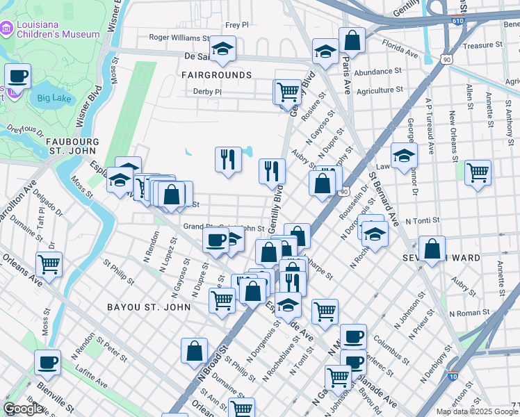 map of restaurants, bars, coffee shops, grocery stores, and more near 1611 Gentilly Boulevard in New Orleans