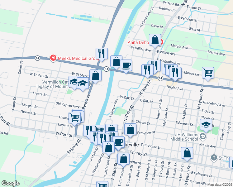 map of restaurants, bars, coffee shops, grocery stores, and more near 300 West Oak Street in Abbeville