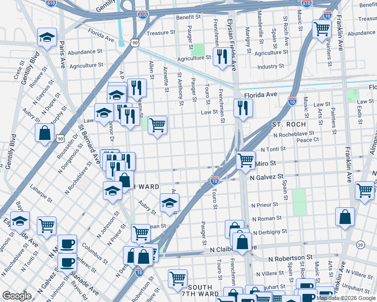 map of restaurants, bars, coffee shops, grocery stores, and more near 2075 North Tonti Street in New Orleans