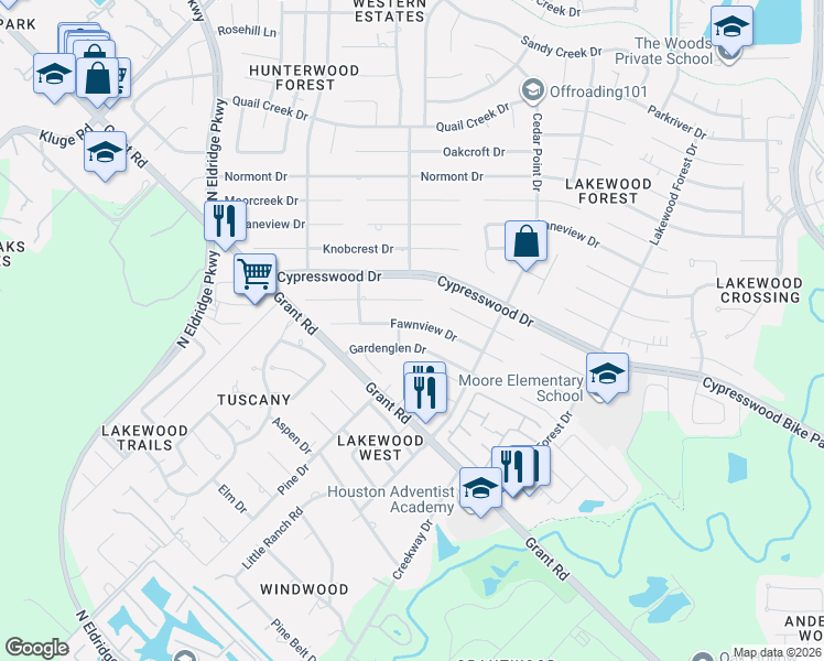 map of restaurants, bars, coffee shops, grocery stores, and more near 12002 Gardenglen Drive in Houston