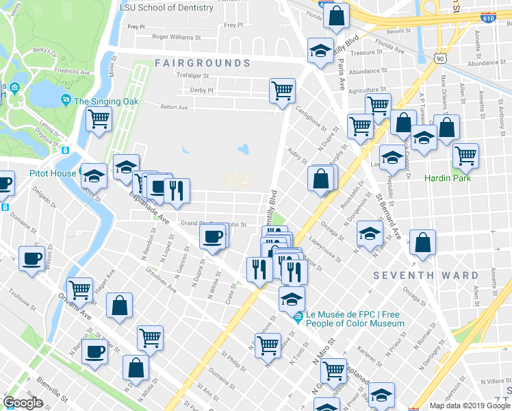 map of restaurants, bars, coffee shops, grocery stores, and more near 1621 Crete Street in New Orleans