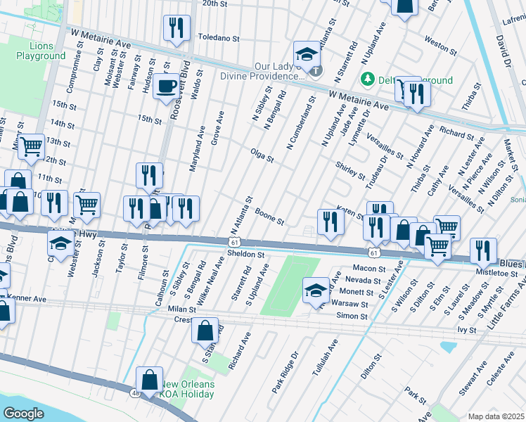 map of restaurants, bars, coffee shops, grocery stores, and more near 8501 Boone Street in Metairie