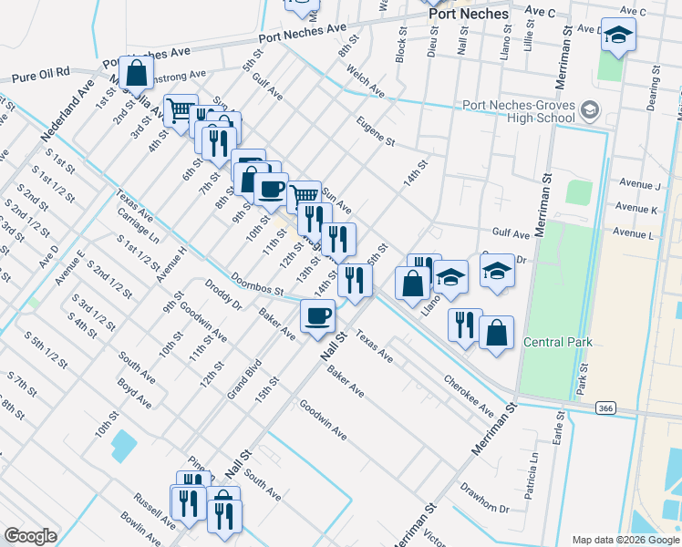 map of restaurants, bars, coffee shops, grocery stores, and more near 1011 Magnolia Avenue in Port Neches