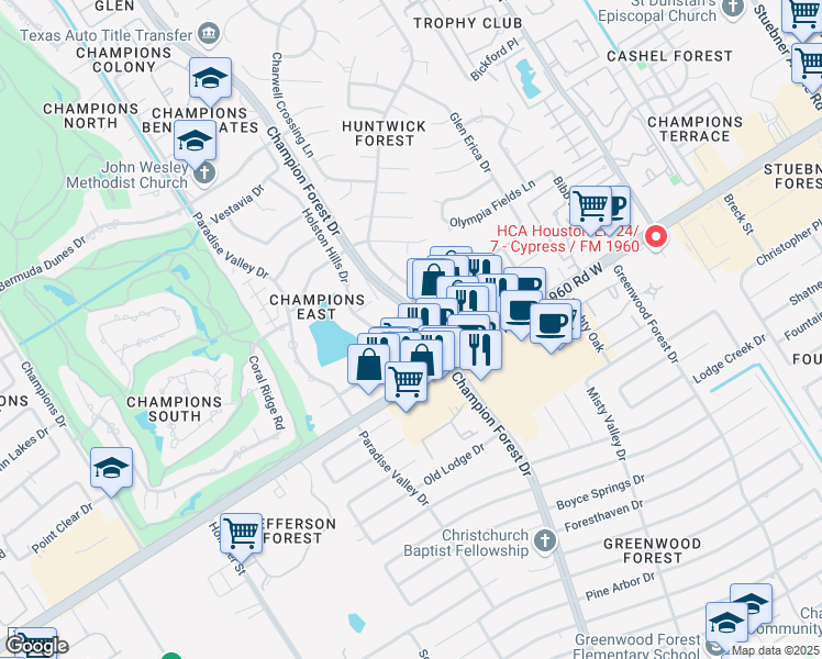 map of restaurants, bars, coffee shops, grocery stores, and more near 13114 Holston Hills Drive in Houston