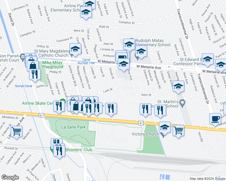 map of restaurants, bars, coffee shops, grocery stores, and more near 6108 Lark Street in Metairie