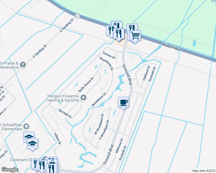 map of restaurants, bars, coffee shops, grocery stores, and more near 60 Rosedown Drive in Destrehan