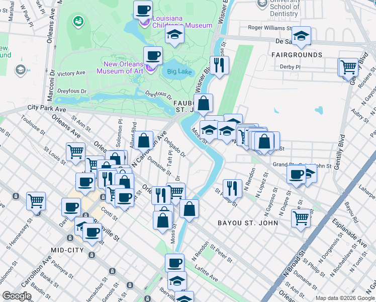 map of restaurants, bars, coffee shops, grocery stores, and more near 1018 Wilson Drive in New Orleans