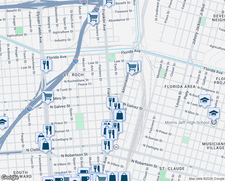 map of restaurants, bars, coffee shops, grocery stores, and more near 2615 North Miro Street in New Orleans