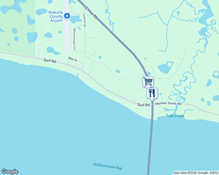 map of restaurants, bars, coffee shops, grocery stores, and more near 2682 Surf Road in Panacea