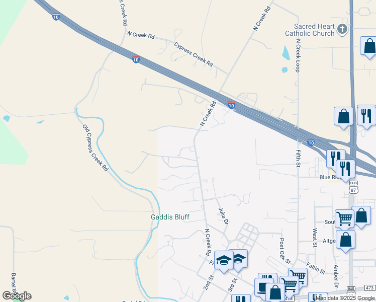 map of restaurants, bars, coffee shops, grocery stores, and more near 852 North Creek Road in Comfort