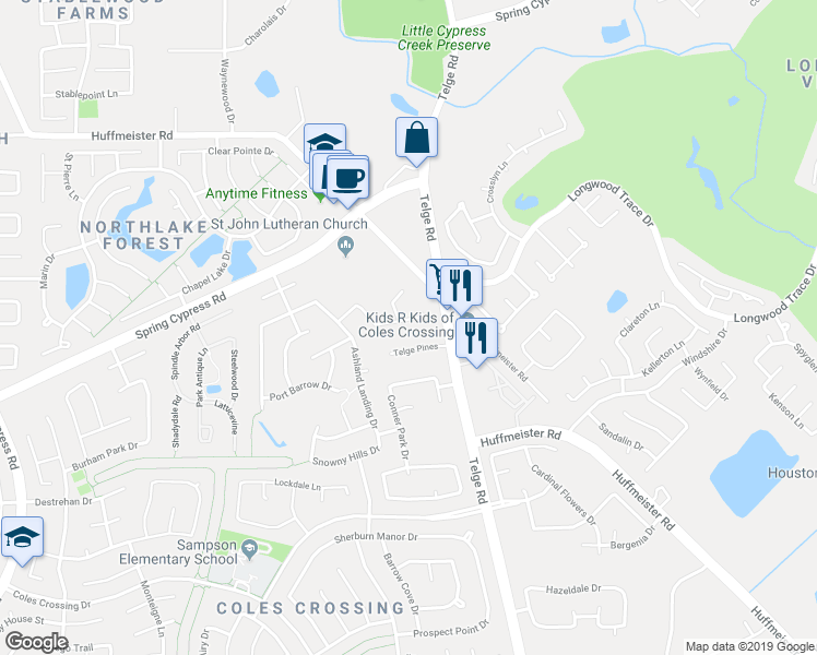 map of restaurants, bars, coffee shops, grocery stores, and more near 15819 Lavender Run Drive in Cypress