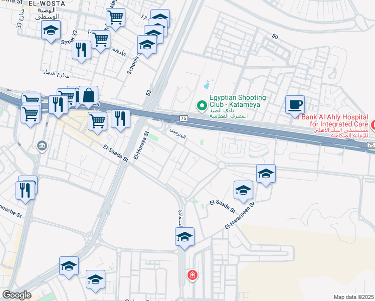 map of restaurants, bars, coffee shops, grocery stores, and more near Zahraa ElMaadi in El Basatin