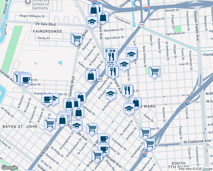 map of restaurants, bars, coffee shops, grocery stores, and more near 1728 North Dorgenois Street in New Orleans