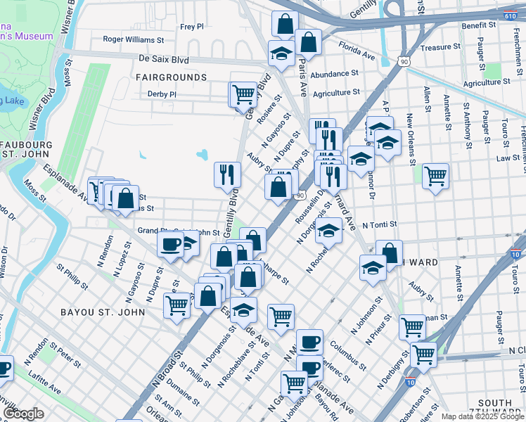 map of restaurants, bars, coffee shops, grocery stores, and more near 2617 Onzaga Street in New Orleans