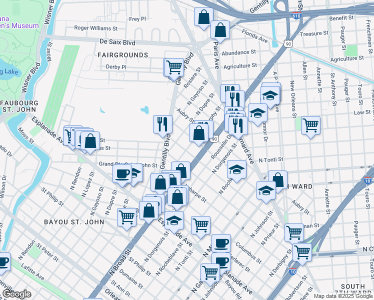 map of restaurants, bars, coffee shops, grocery stores, and more near 2617 Onzaga Street in New Orleans