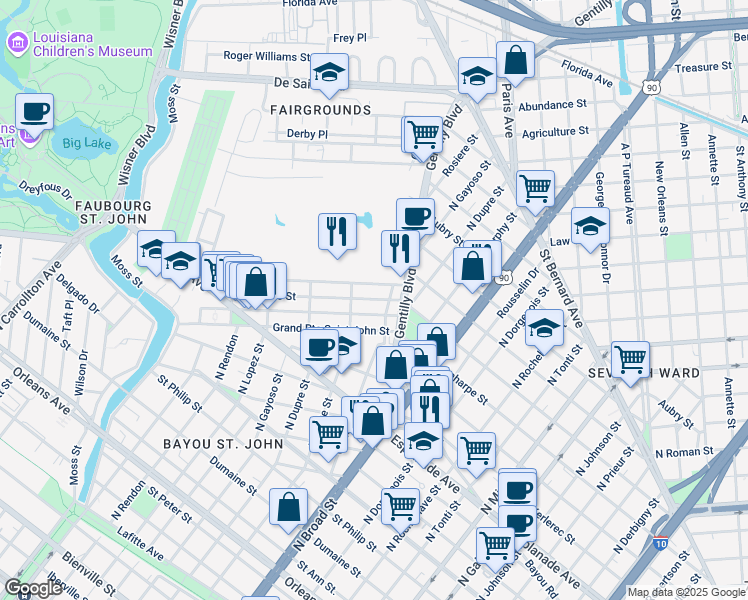 map of restaurants, bars, coffee shops, grocery stores, and more near 1611 Gentilly Boulevard in New Orleans