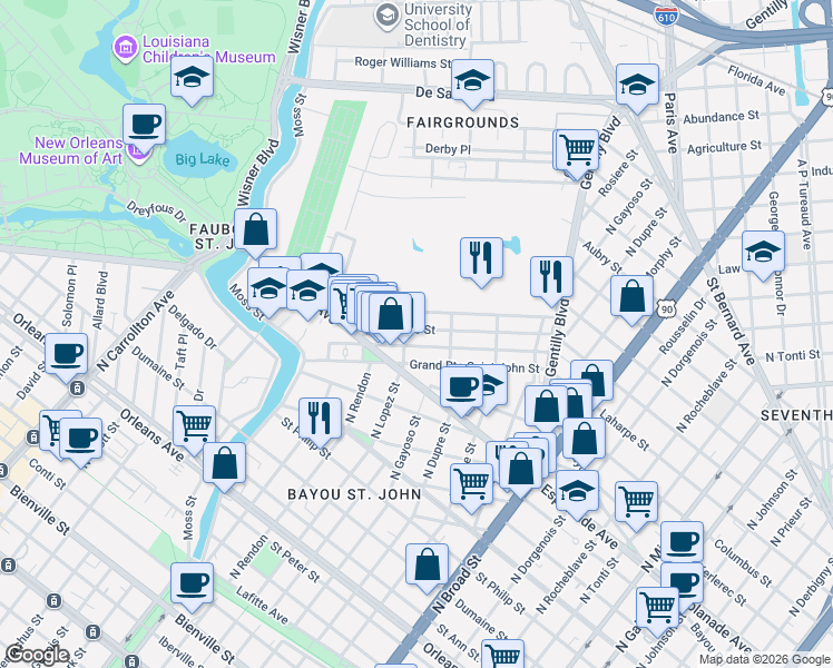 map of restaurants, bars, coffee shops, grocery stores, and more near 3043 Ponce De Leon Street in New Orleans