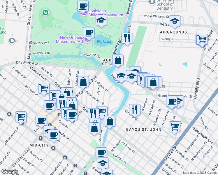 map of restaurants, bars, coffee shops, grocery stores, and more near 1018 Wilson Drive in New Orleans