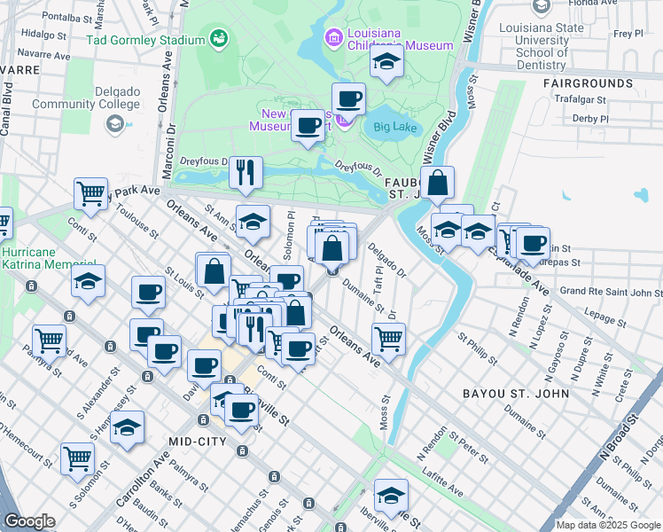 map of restaurants, bars, coffee shops, grocery stores, and more near 835 North Carrollton Avenue in New Orleans