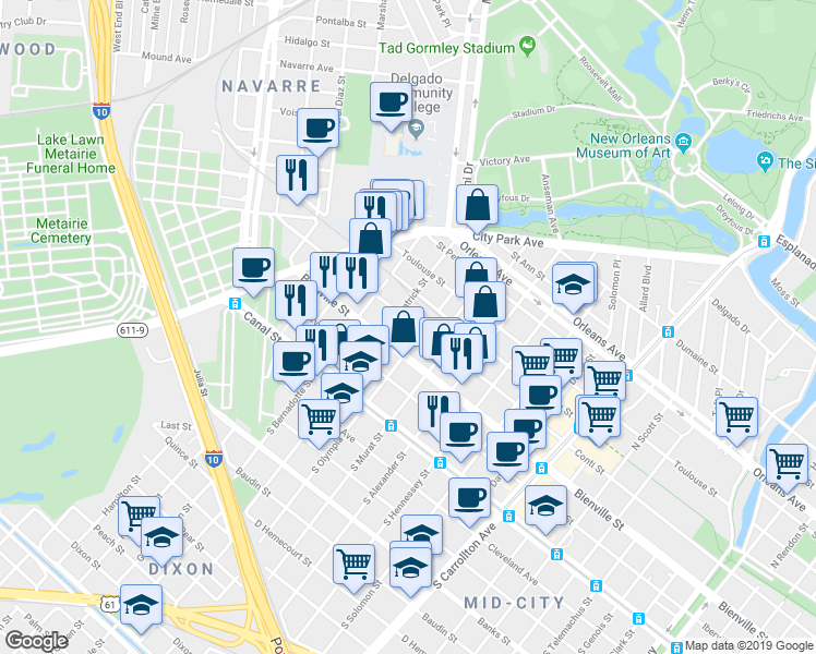 map of restaurants, bars, coffee shops, grocery stores, and more near 300 North Saint Patrick Street in New Orleans