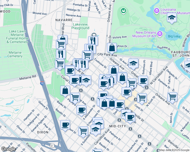 map of restaurants, bars, coffee shops, grocery stores, and more near 300 North Saint Patrick Street in New Orleans