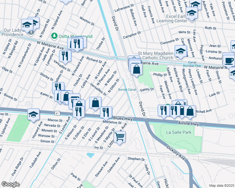 map of restaurants, bars, coffee shops, grocery stores, and more near 400 North Laurel Street in Metairie