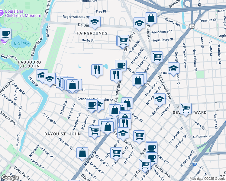map of restaurants, bars, coffee shops, grocery stores, and more near Crete Street & Maurepas Street in New Orleans